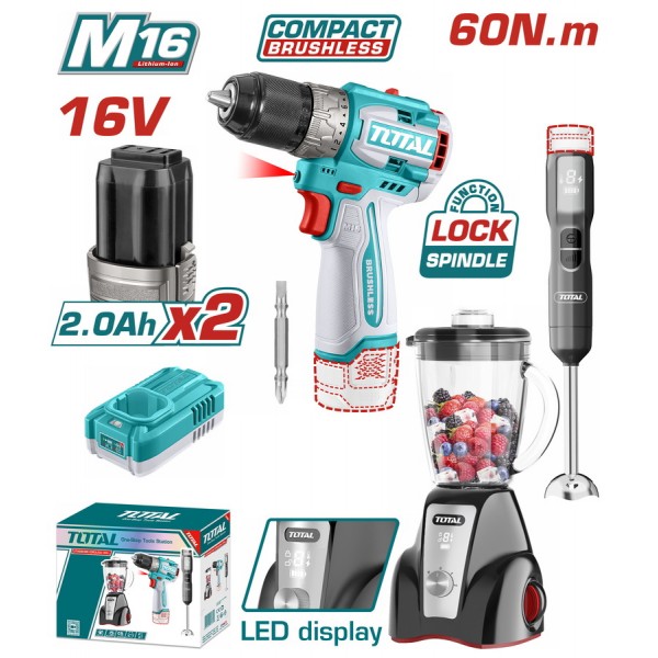 TOTAL ΣΕΤ ΔΡΑΠΑΝΟΚΑΤΣΑΒΙΔΟ 60Nm + BLENDER ΧΕΙΡΟΣ + BLENDER ΒΑΣΗΣ ΜΠΑΤ. Li-ion 16V / 2Ah / 2 ΜΠΑΤ (TOSLI240868E)