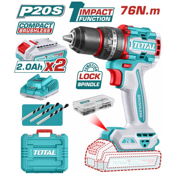 TOTAL ΕΠΑΓΓ. ΔΡΑΠ/ΒΙΔΟ ΚΡΟΥΣΤΙΚΟ ΜΠΑΤ. Li-ion 20V / 2Ah / 76Nm / 2 ΜΠΑΤ BL Motor (TIDLI20768E)