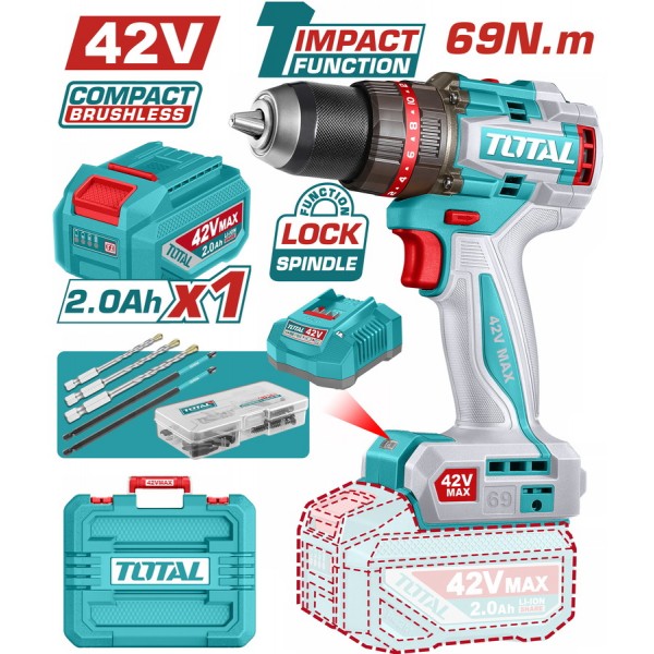 TOTAL ΕΠΑΓΓ. ΔΡΑΠ/ΒΙΔΟ ΚΡΟΥΣΤΙΚΟ ΜΠΑΤ. Li-ion 42V / 2Ah / 69Nm / 1 ΜΠΑΤ BL Motor (TIDLI426981E)