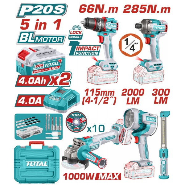 TOTAL ΕΠΑΓΓ. ΣΕΤ 5τεμ ΕΡΓΑΛΕΙΩΝ ΜΠΑΤ. Li-ion 20V / 4Ah / 2 ΜΠΑΤΑΡΙΕΣ BL Motor (TOSLI250692E)