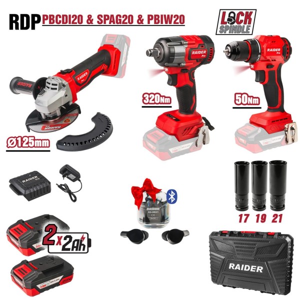 RAIDER R20 Σετ Γωνιακός τροχός,δραπανοκατσάβιδο & μπουλονόκλειδο 2x2Ah RDP-PBCDI20&SPAG20&PBIW20 030255 RAIDER R20 Σετ Γωνιακός τροχός,δραπανοκατσάβιδο & μπουλονόκλειδο 2x2Ah RDP-PBCDI20&SPAG20&PBIW20 030255